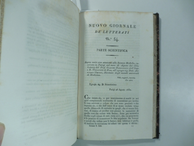 Sopra varie cose attenenti alle scienze mediche osservate in Parigi nel mese di Agosto del 1830. Lettera di G. Barzellotti...(Stralcio da: Nuovo giornale de' letterati. N.54. 1830)